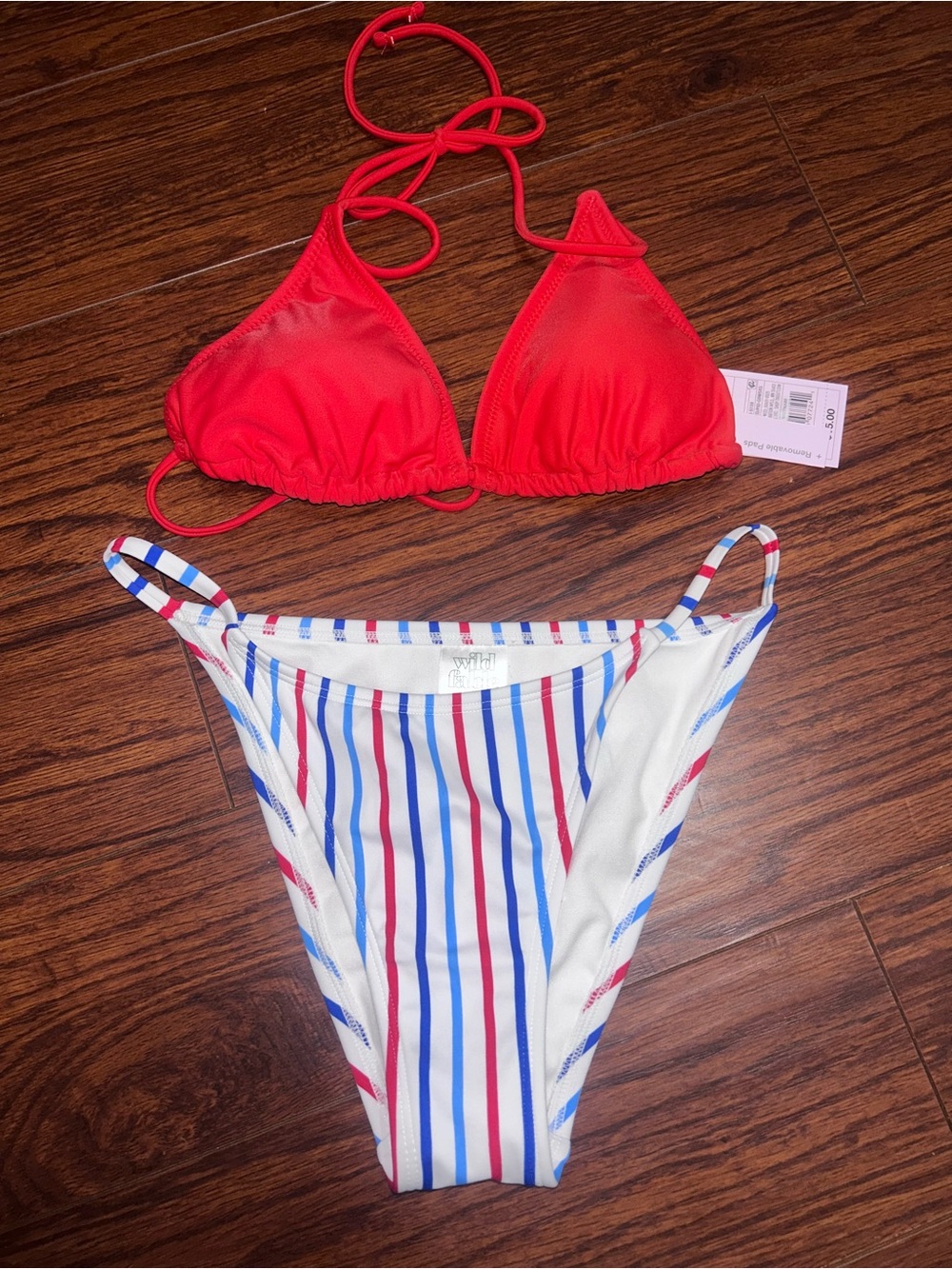 wild fable Red Triangle Bikini with Blue & White Striped Bottom